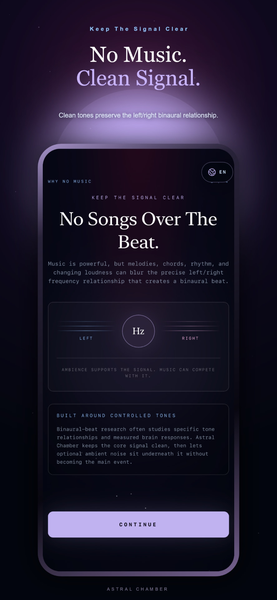 Astral Chamber screen explaining why there is no music over the binaural beat