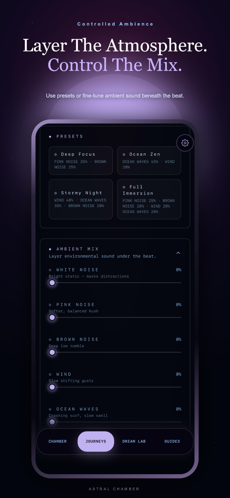 Astral Chamber ambient mix screen with noise and weather sliders